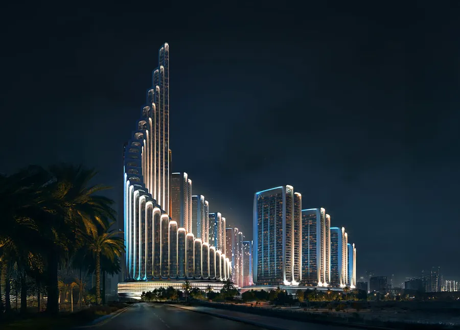 המגדלים של Binghatti City מוארים בלילה, מהרחוב. הדמיית היזם