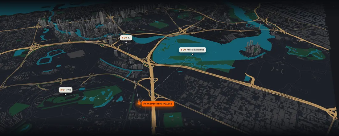 מפה תלת-ממדית של דובאי: Mercedes-Benz Places ליד מיידן, עם זמני הנסיעה של היזם