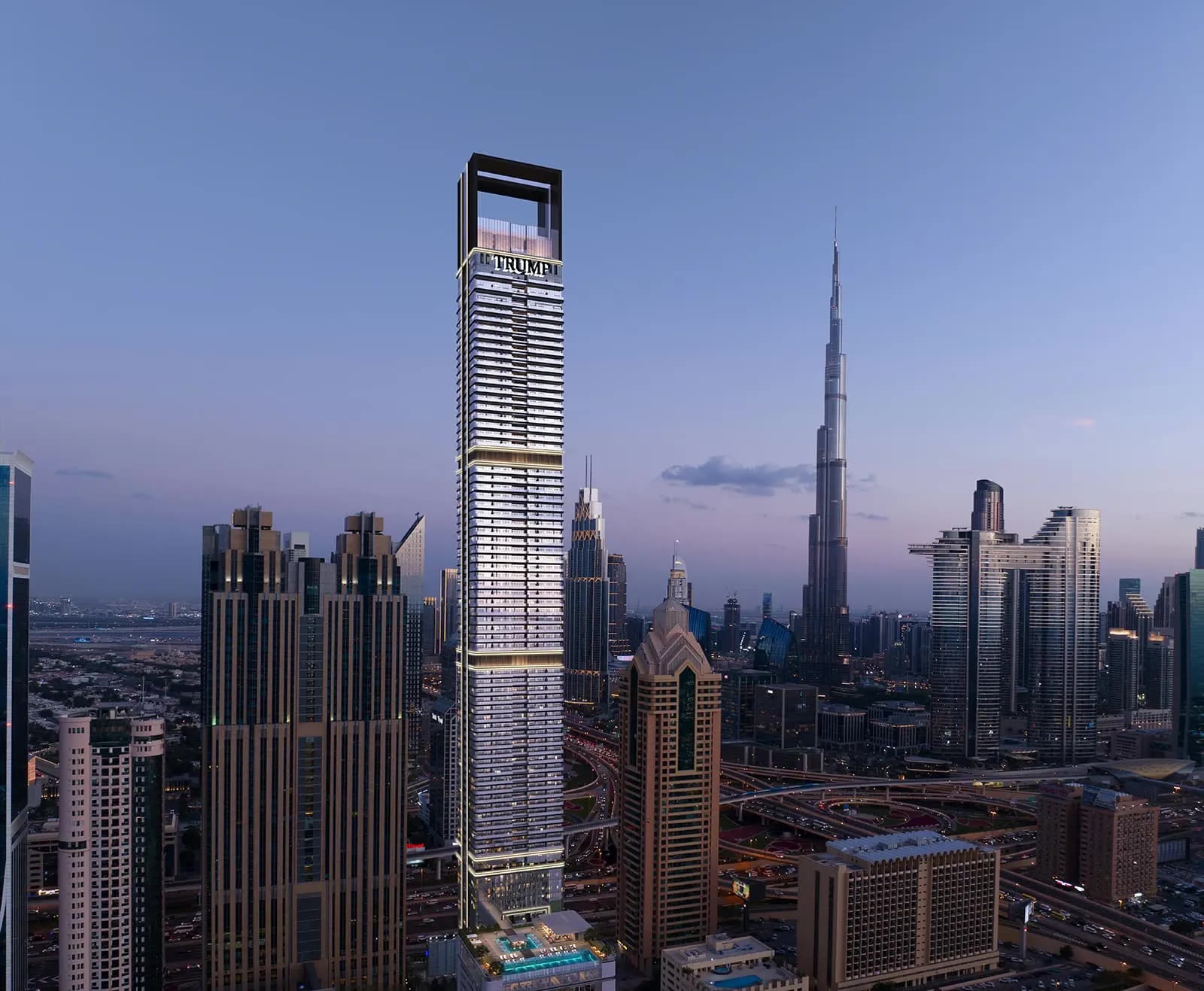 Trump International Hotel and Tower Dubai at dusk