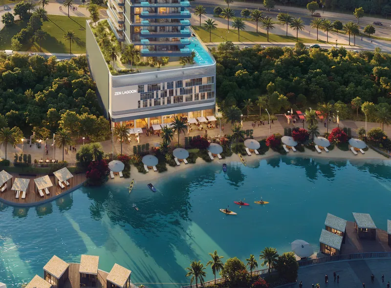 מגדל Zen Lagoons על שפת הלגונה, עם החוף, הקבאנות והקיאקים